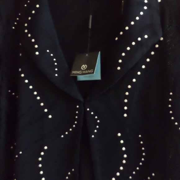 Ming Wang Open Front Jacket  ~ Navy with White Dots + Swirl Accents ~ Large  New - Picture 2 of 12